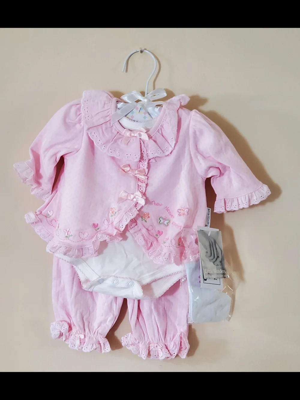 Little Wonders Pink Ruffled Baby 2-Piece Set with Bodysuit, Socks & Fancy Hanger